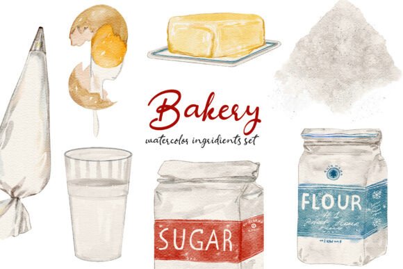 Download Watercolor Bakery Ingridients Set - Baker Collection
